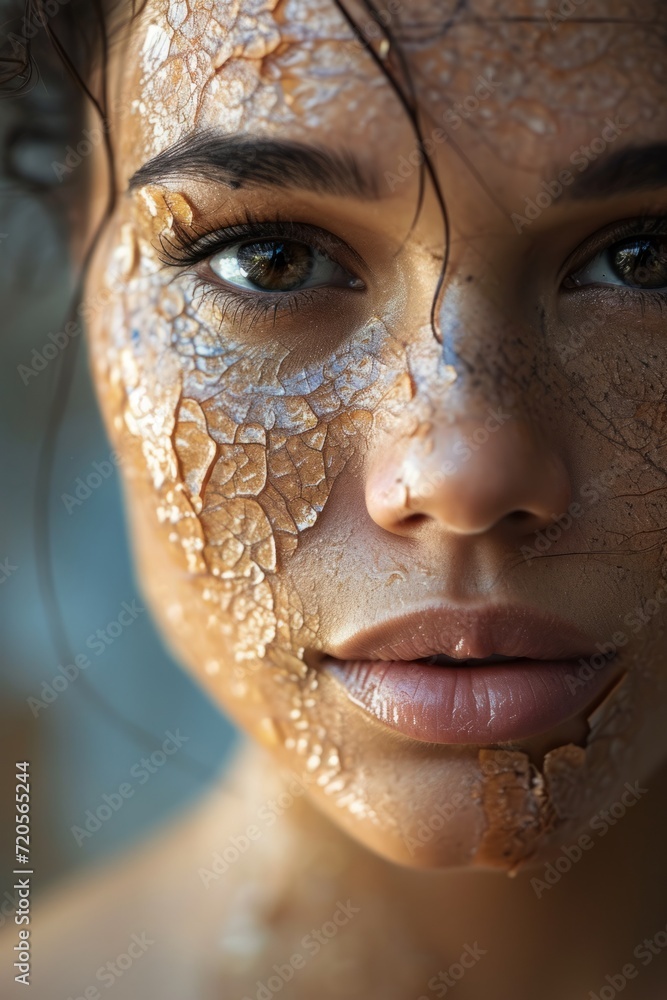 Close-up of a young woman's face with cracked makeup, revealing peeling layers of powder and paint, creating an interesting and artistic image of beauty and decay. Close-up of a young woman's face with cracked makeup, revealing peeling layers of powder and paint, creating an interesting and artistic image of beauty and decay.