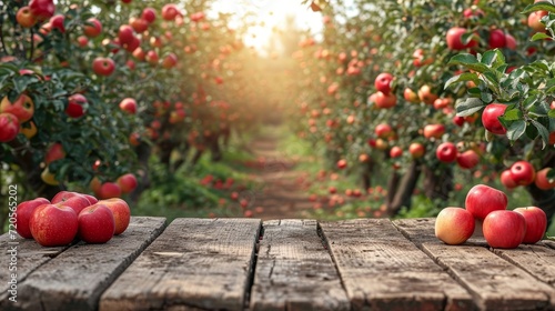 A wooden table is placed on a field and topped with a variety of ripe and juicy apples.