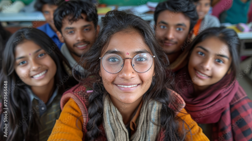 A group of joyous indian students gather at an event, mingling with the audience and beaming smiles as they capture moments with selfies, radiating a sense of joy and celebration.