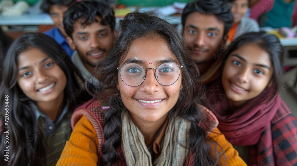 Fototapeta premium A group of joyous indian students gather at an event, mingling with the audience and beaming smiles as they capture moments with selfies, radiating a sense of joy and celebration.