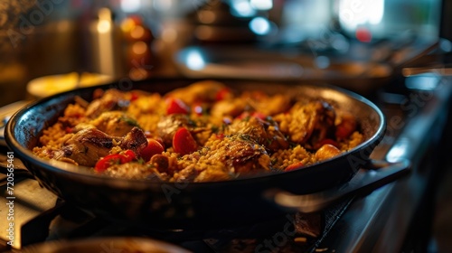 Chicken and Rabbit Paella against a traditional Spanish kitchen