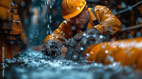 A skilled technician in full protective gear is seen in action, repairing a severe leak on an industrial water pipeline, ensuring the smooth operation of the facility and preventing potential hazards.