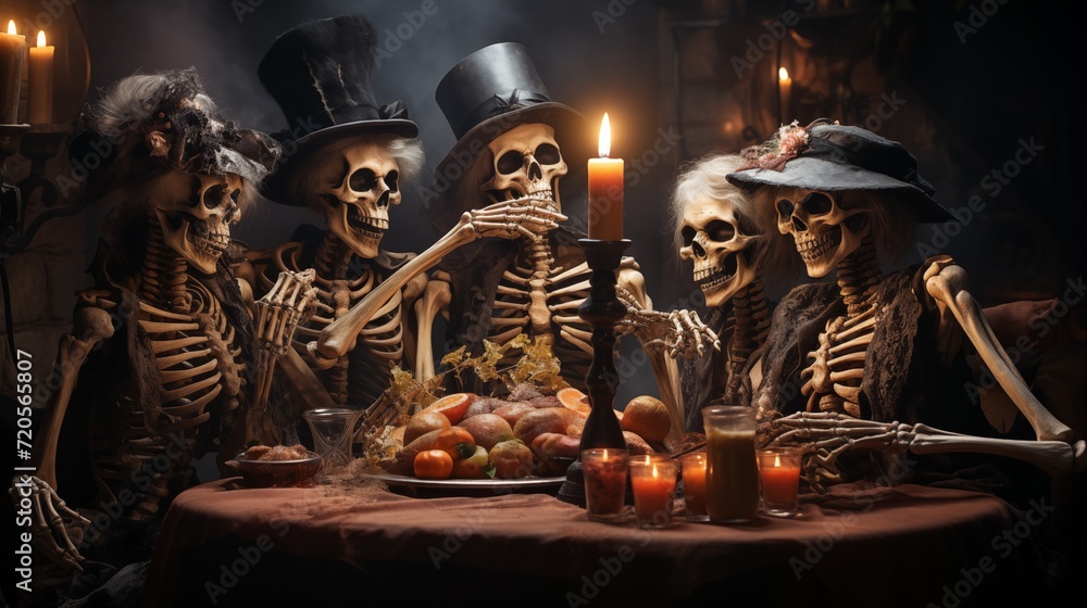 A humorous and retro-style visual representation of a lively feast in the afterlife, featuring animated skeletons enjoying themselves in a playful and whimsical manner.