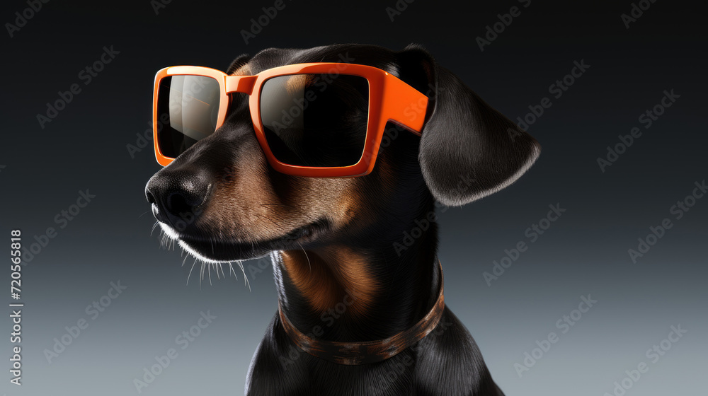 Dog in sunglasses close-up. Portrait of a dog. Anthopomorphic creature. A fictional character for advertising and marketing. Humorous character for graphic design.