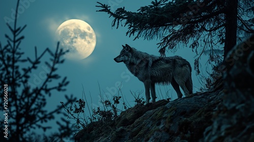 A lone and majestic wolf standing in a dense, dark forest, bathed in enchanting blue moonlight, releasing a haunting howl that echoes through the night. © Dmitry