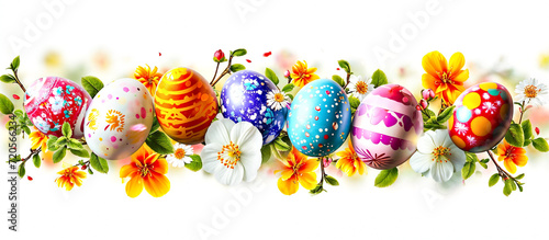 Easter composition with multicolored Easter eggs and spring flowers on white background. Easter Seamless Banner