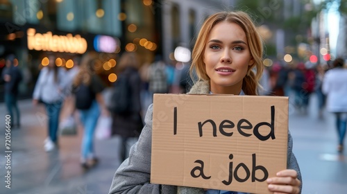 Young woman standing on a busy city street, holding a resume and looking for a job due to mass unemployment. She looks hopeful yet concerned about her prospects.