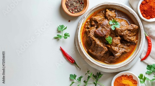 Top down shot of succulent Beef Rendang on a clean white background