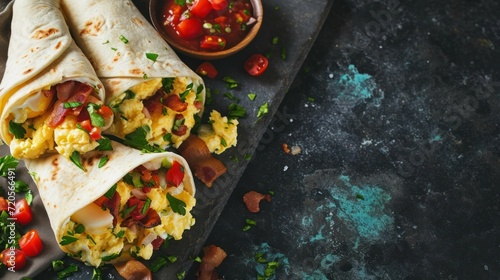 Overhead shot of Breakfast Burrito with Eggs and Bacon on a minimalist background