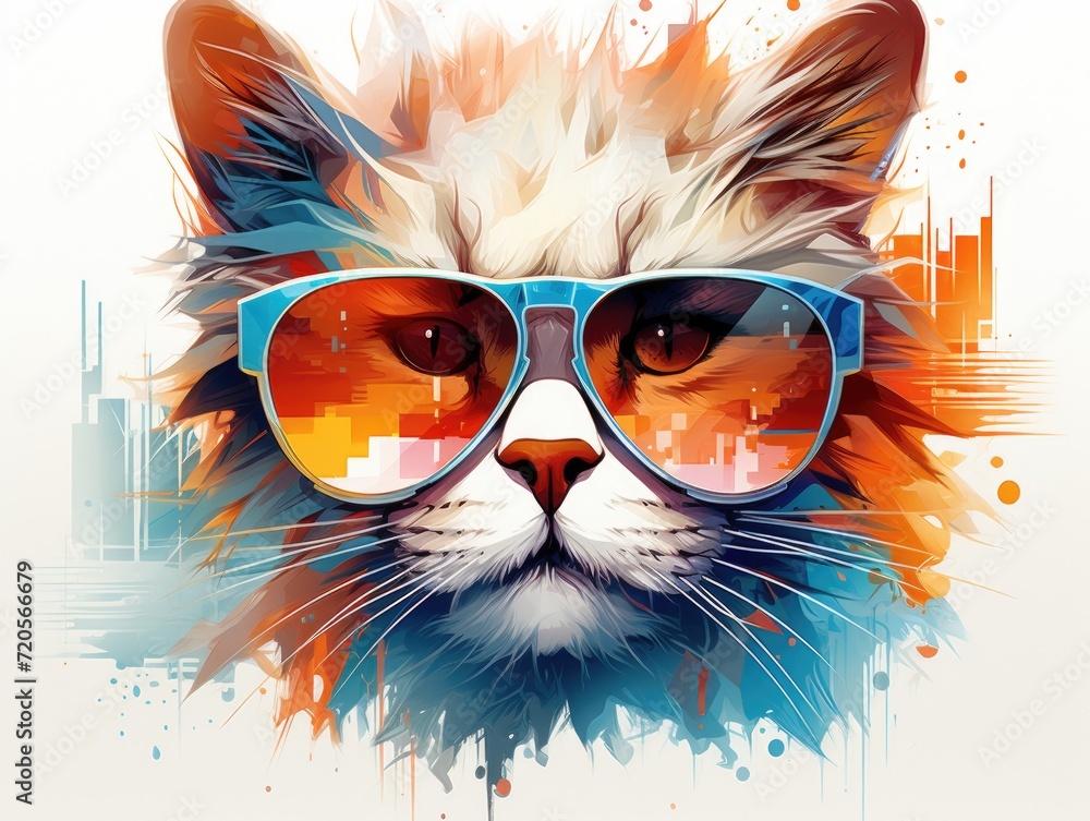 The muzzle of a stylish cat posing in sunglasses is painted with watercolors. Close portrait of furry kitty with paint splashes. Printable design for t-shirt, bag, postcard, case and other products.
