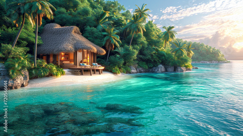Secluded Beachfront Hut at Twilight. A solitary hut on a private beach surrounded by lush palms at twilight
