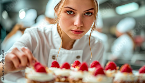 Female Pastry Chef Presenting Decorated Cake. Young female chef in a professional kitchen