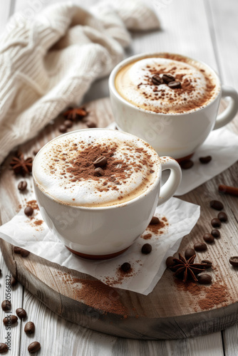 two cups of cappuccino with cocoa powder in a light setting