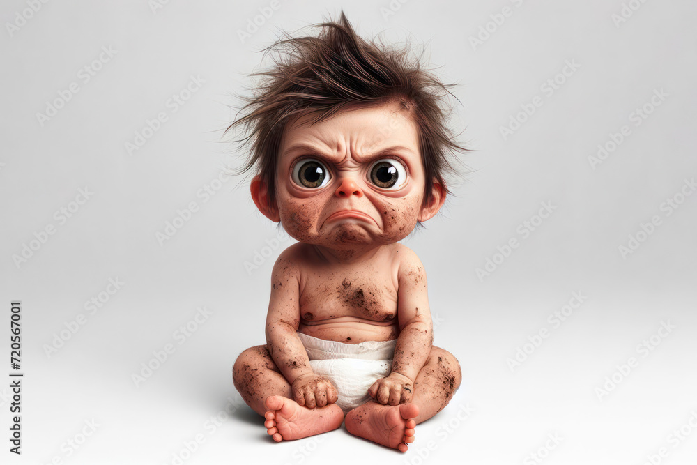 full body Funny Portrait of surprised angry sitting newborn baby with ...