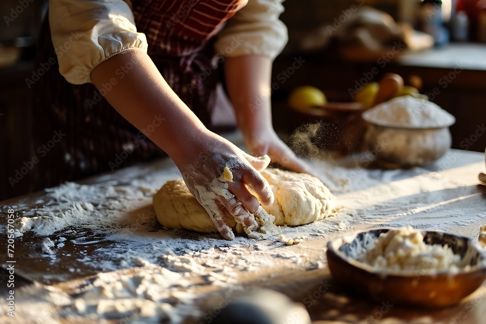 Man kneading dough on wooden table with flour, closeup