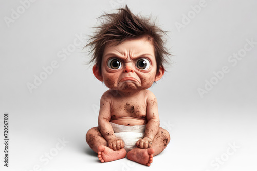 full body Funny Portrait of surprised angry sitting newborn baby with dirty diaper with bulging big eyes. ai generative photo