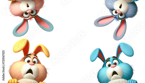 Colorful Cartoon Rabbits with Expressive Faces, Cute and Whimsical Easter Bunny Illustrations
