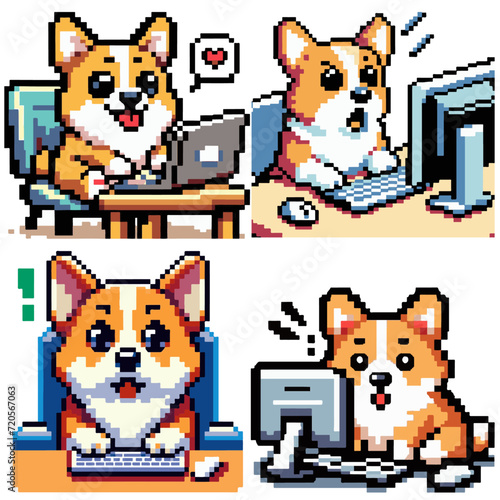 Dog surprise when looking at pc with pixel art