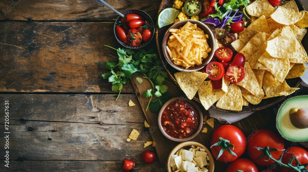 Nachos and Cheese Dip Platter against wooden table Nachos and Cheese Dip Platter against wooden table