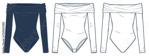 Off Shoulder Bodysuit technical fashion illustration. Long Sleeve Bodysuit fashion flat technical drawing template, slim fit, front and back view, white, dark blue, women Top CAD mockup set.