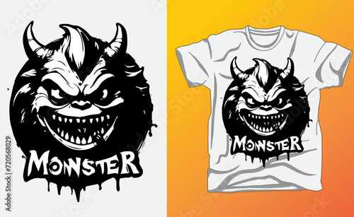 Monster typography illustration t-shirt design vector concept.T-shirt Celtic wolf.Vector ramen monster illustration t-shirt and apparel printing design.Halloween skull t shirt design concept 