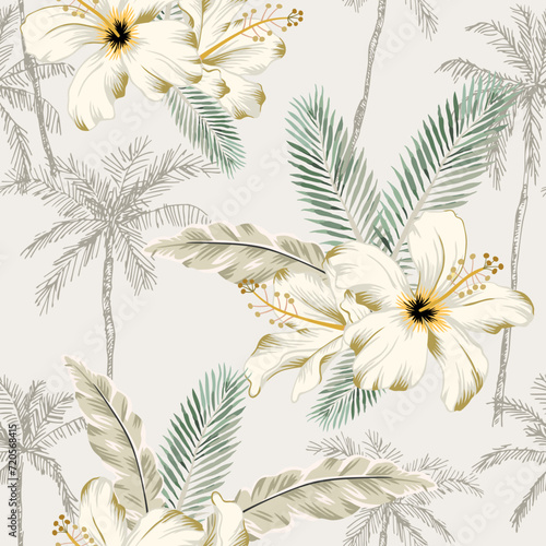 Tropical hibiscus flowers, leaves, palm trees, beige background. Vector seamless pattern. Jungle foliage illustration. Exotic plants. Summer beach floral design. Paradise nature