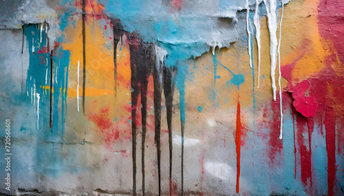 Messy paint strokes and smudges on an old painted wall background. Abstract wall surface with part of graffiti. Colorful drips, flows, streaks of paint and paint sprays photo
