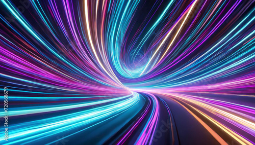 Neon stripes in the form of drill, turns and swirl. Illustration of high speed concept. Image of speed motion on the road. Abstract background in blue and purple neon glow colors