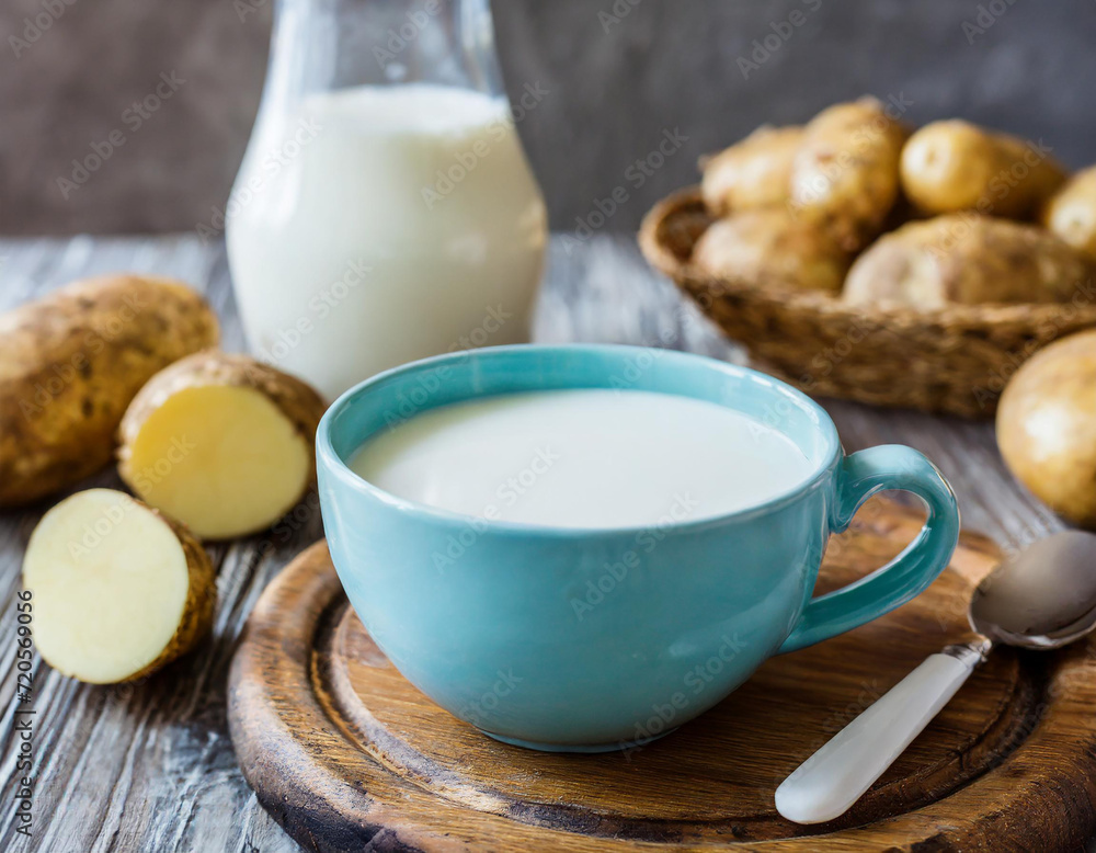 Potato milk. A cup with milk and potato tubers. Alternative plant milk