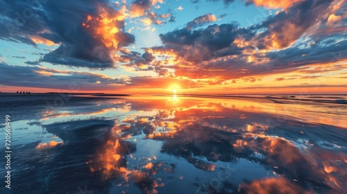 Vibrant Sunset with Clouds Reflected on Wet Sand - A Stunning Image Capturing the Tranquil Beauty of the Coastal Scene during Low Tide