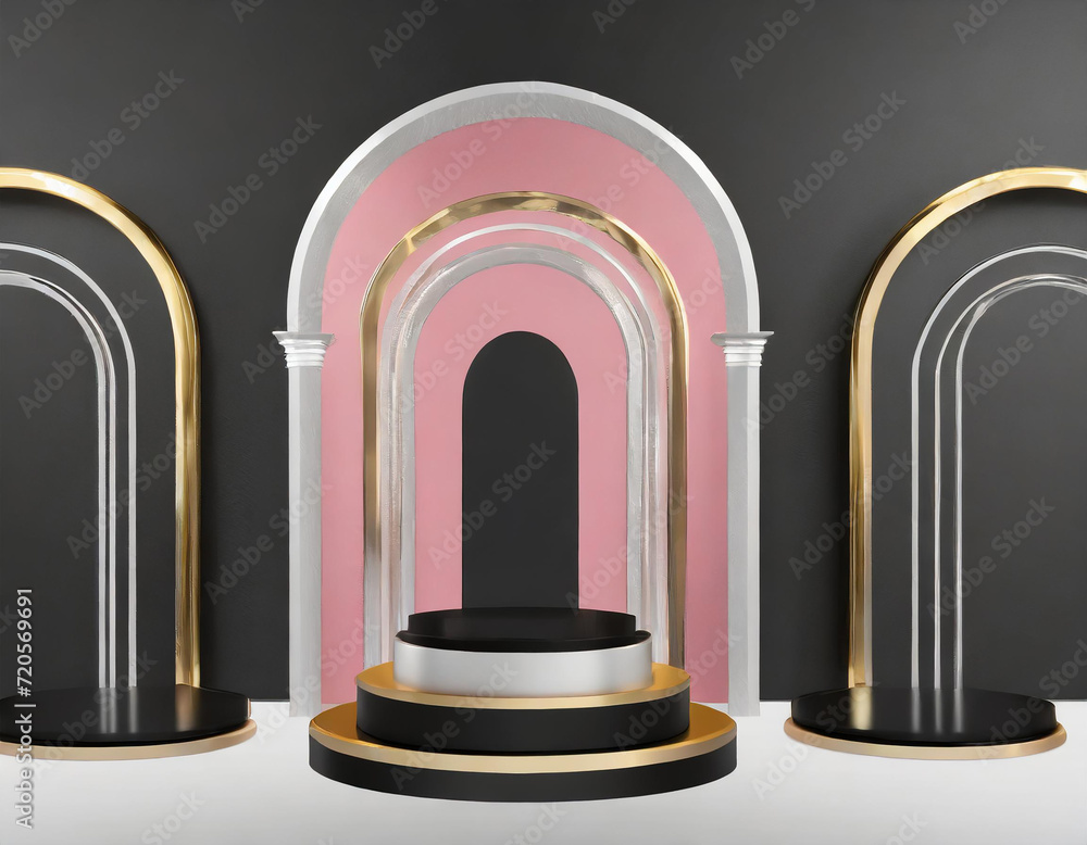 Set of 3D cylinder stand podium background. Luxury black, silver and pink gold in arch gate wall scene. Minimal mockup product display presentation, Stage showcase.