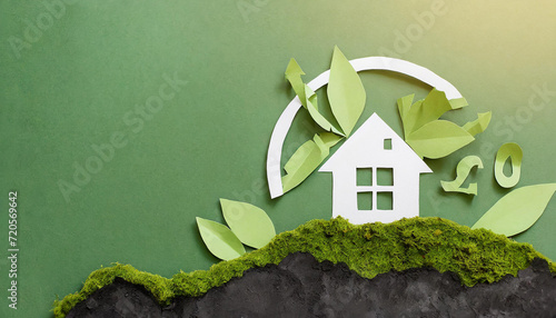 Reduce CO2 emissions to limit climate change and global warming. Low greenhouse gas levels, decarbonize, net zero carbon dioxide footprint. Abstract minimalist design, cutout paper, green background