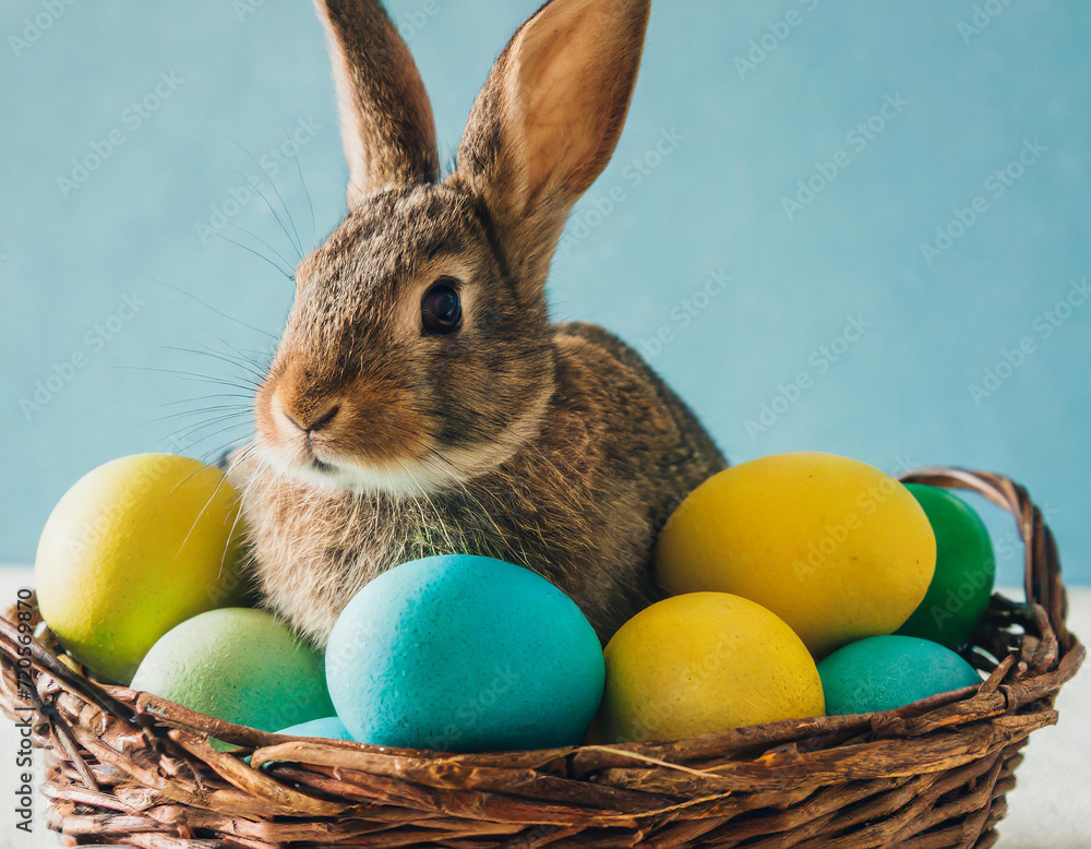 Springtime Hues. Paschal Rabbit in a Basket Surrounded by Colorful Eggs