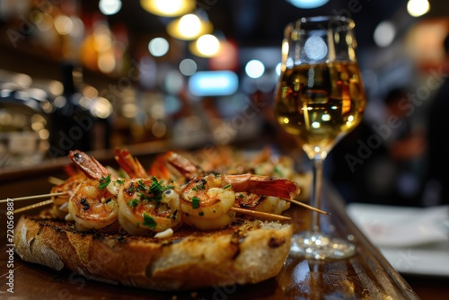Gourmet Seafood Feast: Elevate Your Dining Experience with a Skewer of Grilled Prawns, Enhanced by the Aromas of Garlic and Parsley, Served on a Bed of Crusty Bread, Creating a Gastronomic Masterpiece
