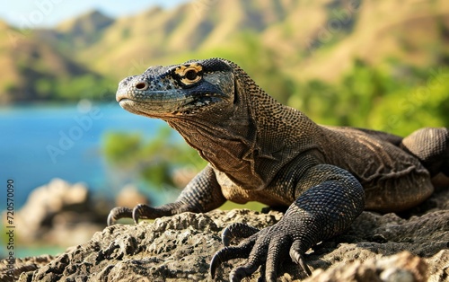 Shot of a Komodo dragon basking in the tropical sun on a rocky outcrop