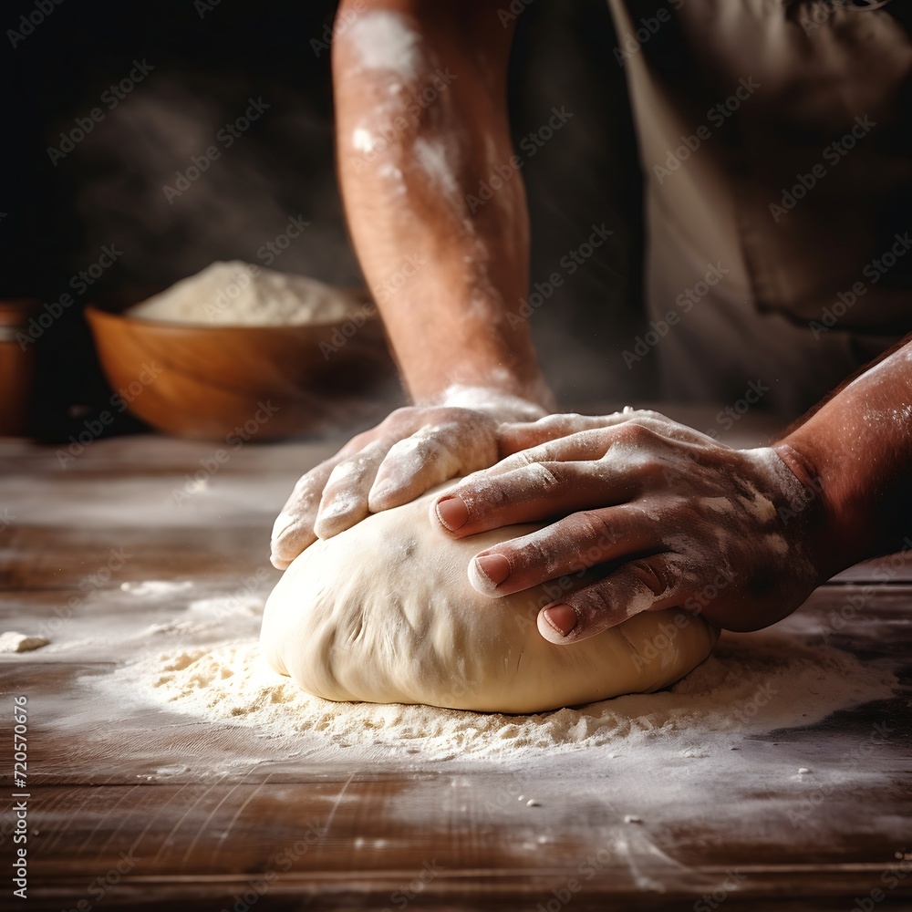 Man kneading dough on wooden table with flour, closeup Man kneading dough on wooden table with flour, closeup