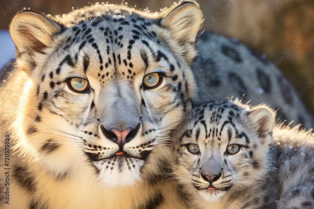 mother snow leopard with her young one. female and little snow leopard cub cuddles together. family, motherhood in animals. wildlife. mother snow leopard with her young one. female and little snow leopard cub cuddles together. family, motherhood in animals. wildlife.