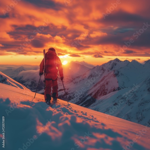 Solitary Ascent: An Examination of Alpine Exploration Amidst the Fiery Hues of Sunset 