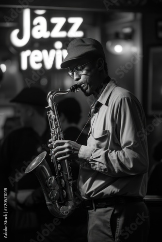 Jazz Revival Monochrome image of a saxophonist playing soulfully under a 'Jazz revival' neon sign