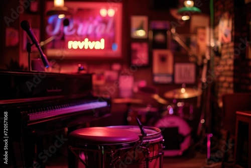 An empty stage in a jazz club with a glowing 'Jazz revival' sign and instruments