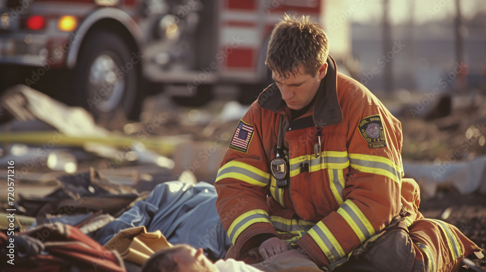 A firefighter giving first aid to an injured person at a disaster site.
