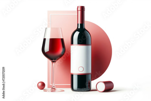red wine bottle with white label mockup and glass isolated on a white background. ai generative