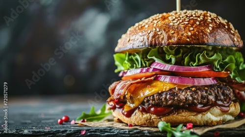 layered burger against a slate background