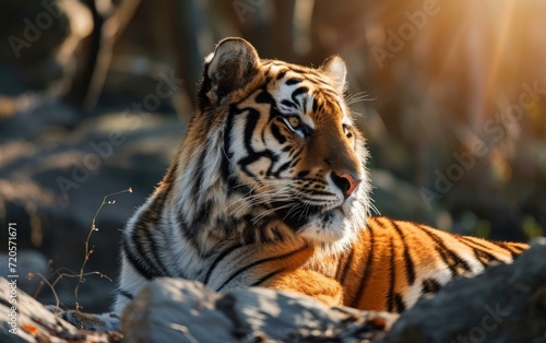 Close up shot of tiger basking in the golden sunlight