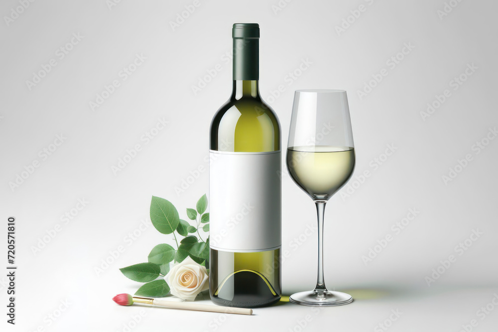 White wine bottle with white label mockup and glass isolated on a white background. ai generative