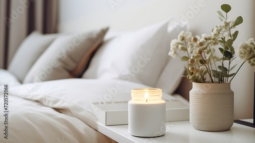 Aroma candle on a white table in the interior of the bedroom