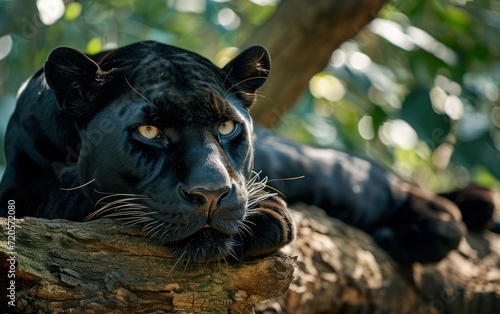 Black panther resting casually on a fallen log