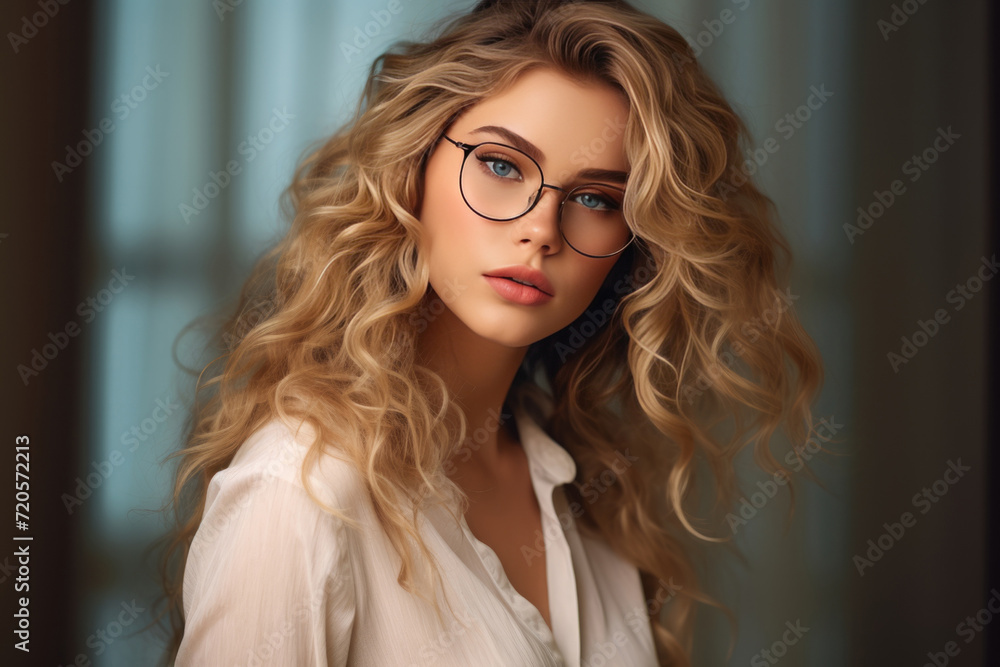 portrait, a wonderful blonde young woman with glasses in a beautiful frame. optics, vision correction and eye imperfections. Bespectacled curly-haired girl, stylish female image. portrait, a wonderful blonde young woman with glasses in a beautiful frame. optics, vision correction and eye imperfections. Bespectacled curly-haired girl, stylish female image.