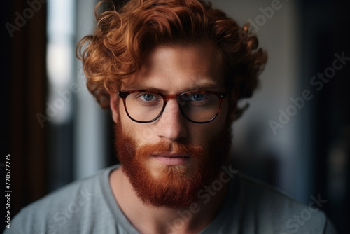 portrait of an adult charismatic red-haired man with glasses in a beautiful frame. optics, vision correction and eye imperfections. modern eyeglasses for vision.