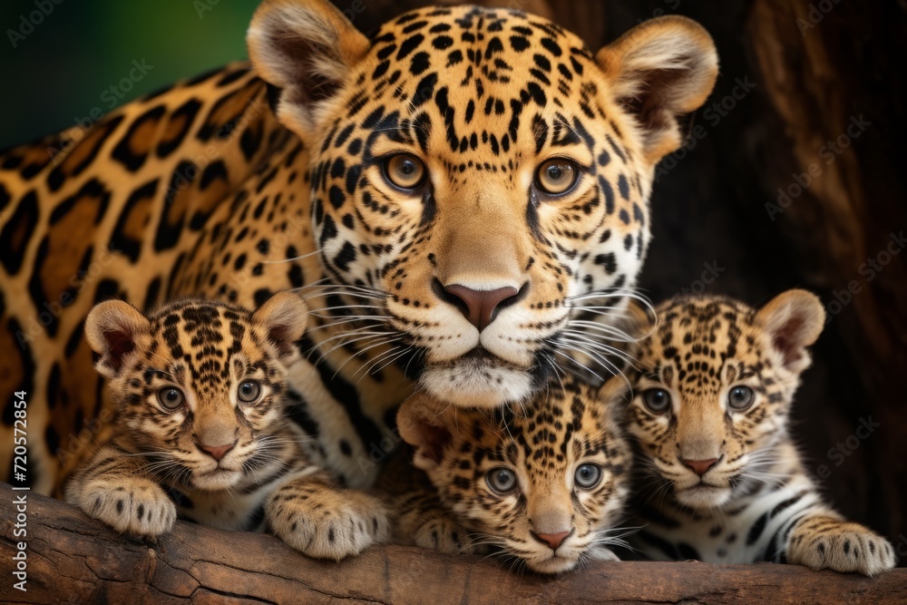 mother leopard with her young ones. female and litter of kittens. little leopard cubs, cuddles together. family, motherhood in animals. wildlife. mother leopard with her young ones. female and litter of kittens. little leopard cubs, cuddles together. family, motherhood in animals. wildlife.